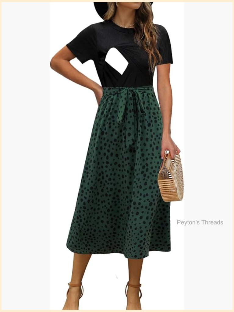 Short Sleeve Nursing Dress With Floral Patchwork Tie Waist